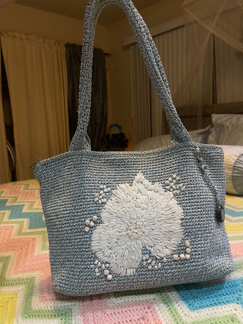 The Sak Crafted Classics Carryall in Blue with Embroidered Appliqué Summer Tote